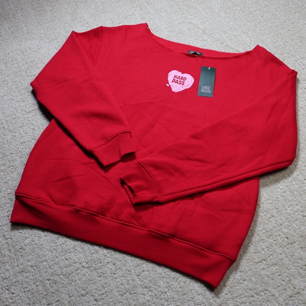 Wild Fable Womens Hard Pass Heart Sweatshirt Red XS Off Shoulder Pullover - Picture 1 of 6